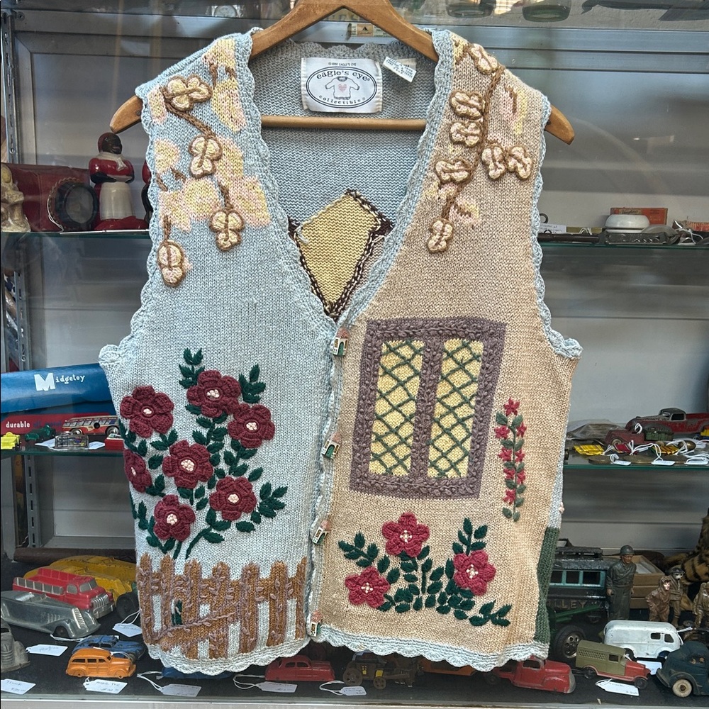 Vintage Eagle’s Eye Colorful Knit Vest with Floral Garden and House Design